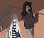  1boy 1girl aak_(arknights) albino alternate_costume animal_ears arknights black_hair cat_boy cat_ears chinese_commentary commentary_request furry hood hoodie looking_at_viewer pointy_ears red_eyes scythe vampire warfarin_(arknights) white_hair yellow_eyes 