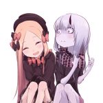  2girls abigail_williams_(fate/grand_order) bags_under_eyes bangs black_bow black_dress black_headwear blonde_hair blue_eyes blush bow breasts closed_eyes closed_mouth daisi_gi dress fate/grand_order fate_(series) forehead hair_between_eyes hair_bow hair_ornament highres horns laughing lavinia_whateley_(fate/grand_order) long_hair long_sleeves looking_at_another multiple_bows multiple_girls multiple_hair_bows open_mouth orange_bow pale_skin parted_bangs polka_dot polka_dot_bow purple_eyes simple_background single_horn sleeves_past_fingers sleeves_past_wrists small_breasts smile very_long_hair white_background white_bloomers 