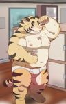  00murice 2020 anthro belly blush bodily_fluids bulge clothing detailed_background felid humanoid_hands inside kemono male mammal moobs navel nipples overweight overweight_male pantherine solo sweat tiger underwear 