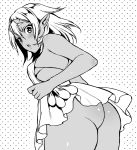  1girl ass blush camisole cowboy_shot dark_skin from_behind halftone halftone_background horns lilia_(usagi_nagomu) looking_at_viewer looking_back no_panties oni_horns original parted_lips pointy_ears solo standing usagi_nagomu 