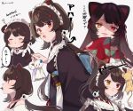  1girl :&lt; :d akym animal_ears black_hair blush cardcaptor_sakura chibi closed_eyes commentary_request crossover dog_ears dog_hair_ornament fang flower hair_flower hair_ornament hair_ribbon heterochromia highres inui_toko kero long_hair looking_at_viewer looking_away maid_headdress nijisanji open_mouth out_of_frame red_eyes red_ribbon ribbon shaded_face simple_background smile teruterubouzu translation_request twitter_username wa_maid white_background yellow_eyes 