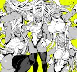  1girl animal_ears bangs boku_no_hero_academia breasts bunny_ears bunny_tail carrot commentary food gloves green_background greyscale grin groin hair_between_eyes hand_on_hip holding holding_food large_breasts leotard long_hair looking_at_viewer mirko monochrome multiple_views muscle muscular_female open_mouth parted_bangs simple_background smile tail takatsuki_ichi teeth thick_thighs thighhighs thighs 