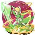  1girl bangs blonde_hair boots faux_figurine floating_hair garter_straps gloves green_eyes green_gloves green_skirt hair_between_eyes highres holding holding_sword holding_weapon leafa leafa_(terraria) long_hair looking_at_viewer official_art open_mouth running shiny shiny_hair skirt solo sword sword_art_online sword_art_online:_memory_defrag thigh_boots thighhighs transparent_background very_long_hair weapon white_footwear 