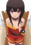  1girl bangs bare_shoulders belt black_choker black_gloves black_legwear blush breasts brown_belt chair choker collarbone dress dress_pull fingerless_gloves gloves highres kono_subarashii_sekai_ni_shukufuku_wo! long_sleeves looking_at_viewer megumin nipples one_breast_out open_mouth red_dress red_eyes sidelocks single_thighhigh siraha sitting small_breasts thighhighs thighs 