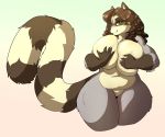  2020 anthro big_breasts breasts brown_hair dipstick_limbs female hair hand_on_breast kiit0s looking_at_viewer mammal naturally_censored navel nude procyonid raccoon samantha_(scruffyclasher) simple_background slightly_chubby smile solo thick_thighs wide_hips 