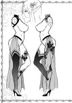  1girl belt breasts cross-section eireen_(usagi_nagomu) elf greyscale hair_ornament high_heels highres huge_breasts jewelry long_hair monochrome multiple_views necklace original parted_lips pointy_ears scan standing standing_on_one_leg usagi_nagomu 