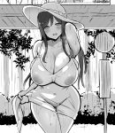  1girl areolae arm_up bangs bare_shoulders blush breasts cleavage collarbone covered_navel covered_nipples dress eyebrows_visible_through_hair greyscale hanabi_(ocha) hat huge_breasts leaning_forward long_hair looking_at_viewer mole mole_on_breast monochrome open_mouth original rain see-through sleeveless sleeveless_dress smile solo sun_hat water wet wet_clothes wet_dress 