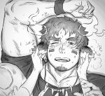  1boy animal_ears bangs bara beard blush chest ear_fondling facial_hair forked_eyebrows glowing_horns greyscale highres horns isuke looking_at_viewer male_focus monochrome one_eye_closed open_mouth pectorals smile solo_focus sportswear thick_eyebrows tokyo_houkago_summoners upper_body wakan_tanka 