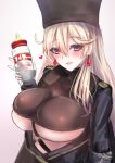  1girl absurdres blonde_hair blush breasts earrings eyebrows_visible_through_hair girls_frontline hair_between_eyes hat highres jewelry large_breasts long_hair looking_at_viewer martinreaction mole mole_under_eye open_mouth papakha ptrd-41_(girls_frontline) purple_eyes simple_background solo turtleneck 