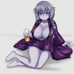  1girl bangs bare_legs barefoot blush braid breasts collarbone commentary commission cup drinking_glass eyebrows_visible_through_hair full_body grey_background grey_hair grey_skin hair_between_eyes highres how_to huge_breasts lich_(monster_girl_encyclopedia) long_hair long_sleeves looking_at_viewer monster_girl_encyclopedia nav open_mouth purple_eyes purple_robe side_braid simple_background single_braid sitting solo wide_sleeves yokozuwari 