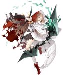  1girl :d arrow_(projectile) asymmetrical_legwear blonde_hair boots bow_(weapon) cloak cross-laced_footwear eyepatch frills full_body gloves hood hooded_cloak ji_no long_hair looking_at_viewer official_art open_mouth orange_eyes single_glove single_thighhigh sinoalice smile solo thighhighs torn_cloak torn_clothes transparent_background upper_teeth weapon white_gloves 