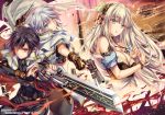  1boy 2girls bangs black_hair blue_eyes breasts cleavage cloak dual_wielding eyebrows_visible_through_hair eyes_visible_through_hair fingerless_gloves gloves gun gunblade handgun highres holding holding_gun holding_weapon large_breasts long_hair looking_at_viewer moneti_(daifuku) multiple_girls navel original platinum_blonde_hair red_eyes revolver scar scar_across_eye short_hair silver_hair weapon 