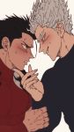  2boys black_hair blurry blush bodysuit character_request chun_(luxtan) couple eye_contact finger_to_another&#039;s_chin garou_(one-punch_man) highres looking_at_another multiple_boys one-punch_man silver_hair spiked_hair tagme tight toned toned_male yaoi yellow_eyes 