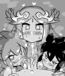  1girl 3boys bisexual_(male) blush breath dark_pit eyebrows_visible_through_hair fellatio greyscale hair_between_eyes heart heart-shaped_pupils highres kid_icarus licking long_hair monochrome multiple_boys multiple_fellatio oral palutena penis pit_(kid_icarus) rariatto_(ganguri) sketch steam sweat symbol-shaped_pupils testicle_licking testicles tongue tongue_out veins veiny_penis 