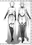  1girl arms_at_sides ass belt breasts bridal_gauntlets character_name closed_mouth concept_art dress eireen_(usagi_nagomu) elbow_gloves elf gloves greyscale high_heels highres huge_breasts jewelry long_hair looking_at_viewer monochrome multiple_views necklace nipples open_clothes open_dress original pointy_ears pubic_hair scan single_thighhigh standing thighhighs usagi_nagomu very_long_hair 