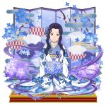  1girl blue_flower blue_ribbon bouquet brown_eyes closed_mouth fanatio_synthesis_two faux_figurine floral_print flower furisode hair_intakes hair_ornament hair_ribbon highres holding holding_bouquet japanese_clothes kimono kneeling looking_at_viewer print_kimono purple_hair purple_ribbon ribbon shiny shiny_hair short_hair_with_long_locks sidelocks smile solo sword_art_online sword_art_online:_memory_defrag white_kimono 