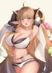  absurdres ahoge anila_(granblue_fantasy) bikini blonde_hair breasts cleavage draph granblue_fantasy highres horns large_breasts long_hair looking_at_viewer mr2d open_mouth sheep_horns short_eyebrows swimsuit thighs white_bikini yellow_eyes 