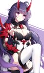  1girl armor bangs blunt_bangs breasts cleavage commentary_request elbow_gloves eyebrows_visible_through_hair gloves highres honkai_(series) honkai_impact_3rd horns japanese_armor kote large_breasts long_hair looking_at_viewer lucky_keai oni_horns purple_eyes purple_hair raiden_mei raiden_mei_(herrscher_of_lightning) red_horns red_pupils serious shoulder_armor sode solo thighhighs very_long_hair white_legwear 