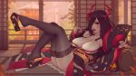  azur_lane black_hair breasts cleavage friedrich_der_grosse_(azur_lane) horns japanese_clothes kimono long_hair soranamae thighhighs yellow_eyes 