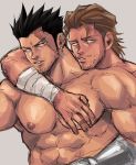  2boys abs arm_over_shoulder bandages bara beard brown_hair chest chun_(luxtan) collarbone earrings facial_hair hug hug_from_behind jewelry looking_at_viewer male_focus manly multiple_boys muscle nipples original pectoral_grab pectorals simple_background sketch solo stubble sweatdrop toned toned_male upper_body 