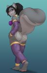  anthro blush butt callie_(kanrodstavoyan) clothed clothing ear_piercing ear_ring female genitals jailbird mammal piercing pussy rodent sciurid simple_background solo 