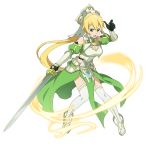  1girl bangs blonde_hair boots breastplate breasts cleavage floating_hair full_body garter_belt gloves green_eyes green_gloves green_skirt hair_between_eyes hair_ornament hair_tubes highres holding holding_sword holding_weapon leafa leafa_(terraria) long_hair medium_breasts official_art open_mouth ponytail shiny shiny_hair sidelocks skirt solo standing sword sword_art_online sword_art_online:_memory_defrag thigh_boots thighhighs transparent_background very_long_hair weapon white_footwear 