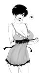  1girl :d babydoll bangs bare_arms bare_shoulders black_hair breasts cleavage earrings greyscale heart highres jewelry large_breasts looking_at_viewer monochrome norman_maggot olive_laurentia open_mouth original pixie_cut short_hair smile speech_bubble standing thighs white_background 