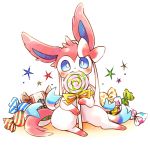  ambiguous_gender blue_eyes blue_inner_ear blue_sclera blush bow candy eating eeveelution feral food fur head_tuft holding_object kuronekotarou lollipop long_ears looking_at_viewer multicolored_body multicolored_fur nintendo pink_body pok&eacute;mon pok&eacute;mon_(species) ribbons sitting solo star sylveon tuft video_games white_body white_eyes 