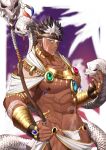 1boy abs alternate_costume bara beard bellsugar brown_hair bulge chest dark_skin dark_skinned_male facial_hair fur_collar headband highres jewelry looking_at_viewer male_focus male_pubic_hair multicolored_hair muscle navel necklace nipples pectorals pointy_ears pubic_hair revealing_clothes shaman shirtless snake solo spiked_hair staff tangaroa tattoo tokyo_houkago_summoners upper_body white_hair yellow_eyes 