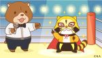  2020 anthro belly bottomwear bow_tie brown_body brown_fur cape chibi clothing duo fighting_ring fur mammal mask official_art pants procyonid raccoon rascal_(rascal_the_raccoon) rascal_the_raccoon slightly_chubby ursid wrestler 