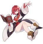  1girl akym ange_katrina blue_eyes book coat crossed_legs full_body hair_ornament highres holding holding_book long_sleeves magic nijisanji off-shoulder_coat one_eye_closed open_book outstretched_arm red_hair short_hair simple_background smile solo tachi-e white_background 