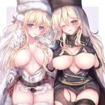  2girls absurdres asymmetrical_legwear belt black_gloves black_panties blonde_hair blue_eyes blush braid braided_bangs breasts cleavage dp28_(girls_frontline) earrings eyebrows_visible_through_hair finger_to_mouth fingerless_gloves fishnet_legwear fishnets girls_frontline gloves hair_between_eyes hand_on_breasts hat highres jewelry large_breasts long_hair looking_at_viewer martinreaction mole mole_under_eye multiple_girls one_eye_closed open_mouth panties pantyhose papakha ptrd-41_(girls_frontline) purple_eyes simple_background smile torn_clothes torn_legwear underwear white_gloves 