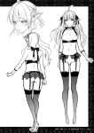  1girl ahoge ass blush breasts camisole closed_mouth concept_art elf emma_(usagi_nagomu) greyscale hair_ribbon highres long_hair monochrome multiple_views navel nipples original pointy_ears ribbon scan small_breasts standing thighhighs translation_request usagi_nagomu wristband 
