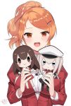  1girl :d akagi_(kantai_collection) aquila_(kantai_collection) artist_name blush breasts brown_eyes character_doll graf_zeppelin_(kantai_collection) high_ponytail jacket juliet_sleeves kantai_collection kinsenka_momi large_breasts long_sleeves open_mouth orange_hair puffy_sleeves red_jacket short_hair signature simple_background smile solo white_background 