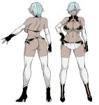  1girl black_footwear blue_eyes blue_hair boots breasts concept_art contrapposto damian_(usagi_nagomu) dark_elf elbow_gloves elf gloves hair_over_one_eye hand_on_hip high_heel_boots high_heels large_breasts looking_at_viewer multiple_views navel one_eye_covered original pointy_ears short_hair simple_background smile standing thighhighs usagi_nagomu white_background white_legwear 