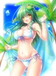  1girl :d bangs bare_shoulders bikini blue_sky blush breasts commentary_request cowboy_shot day eyebrows_visible_through_hair eyes_visible_through_hair frog_hair_ornament front-tie_bikini front-tie_top green_hair hair_between_eyes hair_ornament highres kochiya_sanae large_breasts long_hair looking_at_viewer navel open_mouth osashin_(osada) outdoors palm_tree sarong side-tie_bikini sky smile snake_hair_ornament solo stomach swimsuit touhou tree white_bikini yellow_eyes 