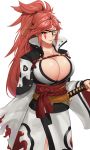  1girl absurdres amputee baiken big_hair black_jacket breasts cleavage eyepatch facial_tattoo guilty_gear guilty_gear_xrd high_ponytail highres holding holding_sword holding_weapon in_mouth jacket jacket_on_shoulders japanese_clothes kataginu katana kimono large_breasts long_hair multicolored multicolored_clothes multicolored_kimono obi one-eyed open_clothes open_kimono pink_hair ponytail red_eyes samurai sanj sash scar scar_across_eye sidelocks sword tattoo weapon white_background 