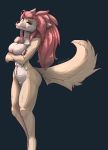  2018 annoyed anthro aurum_(kiit0s) black_nose breasts canid canine canis countershading crossed_arms female fur hair kiit0s looking_at_viewer mammal naturally_censored nude pink_hair simple_background solo tan_body tan_fur white_countershading wolf 