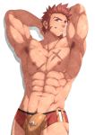 1boy abs arms_behind_head bara beard biceps blue_eyes brown_hair bulge chest erection erection_under_clothes facial_hair fate/grand_order fate_(series) highres inunekostudio looking_at_viewer male_focus muscle napoleon_bonaparte_(fate/grand_order) navel nipples pectorals red_background scar simple_background smile solo underwear 