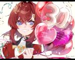  1girl akym ange_katrina balloon blue_eyes congratulations eyebrows_visible_through_hair grin heart_balloon letterboxed nijisanji red_hair short_hair simple_background smile solo streamers twitter_username upper_body white_background 