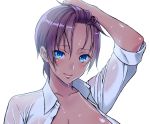  1girl bangs_pinned_back blue_eyes breasts cleavage closed_mouth collared_shirt copyright_request forehead large_breasts looking_at_viewer open_clothes open_shirt out-of-frame_censoring purple_hair shirt short_hair simple_background smile solo sweat tan tanline upper_body usagi_nagomu wet wet_clothes wet_shirt white_background white_shirt wing_collar 