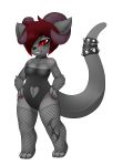  4:5 absurd_res alpha_channel anthro breasts chain claws clothed clothing collar deerrobin demon domestic_cat felid feline felis female fishnet fishnet_armwear fishnet_legwear fluffy_ears fur grey_body grey_fur hair hands_on_hips heart_cutout hi_res horn ira_aetheria legwear leotard long_tail mammal markings navel partially_clothed red_claws red_eyes red_hair rubber simple_background smile smirk solo transparent_background 