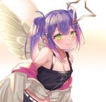  1girl angel angel_wings blush breasts cleavage collarbone commentary_request green_eyes hair_ornament hairclip hololive looking_at_viewer navel portrait purple_hair smile tokoyami_towa twintails virtual_youtuber white_background wings 