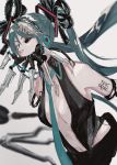  amputee android aqua_eyes aqua_hair aqua_neckwear artificial_eye bare_shoulders black_shirt black_skirt cable calne_ca cosplay earlgrey3183 frilled_ribbon frills hair_ornament hair_ribbon half-closed_eyes hatsune_miku hatsune_miku_(cosplay) heterochromia highres insect_on_head isopod leaning_forward long_hair looking_at_viewer mandibles mechanical mechanical_arm mechanical_eye nato-kun necktie open_clothes open_shirt original red_eyes ribbon shirt skirt traditional_media twintails very_long_hair vocaloid 