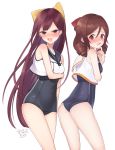  2girls angry bow brown_hair cosplay cowboy_shot crop_top drill_hair embarrassed hair_bow harukaze_(kantai_collection) highres i-14_(kantai_collection) i-14_(kantai_collection)_(cosplay) kamikaze_(kantai_collection) kantai_collection kinsenka_momi long_hair multiple_girls one-piece_swimsuit open_mouth purple_eyes purple_hair red_bow red_eyes ro-500_(kantai_collection) ro-500_(kantai_collection)_(cosplay) school_swimsuit simple_background swimsuit twin_drills upper_teeth white_background yellow_bow 