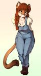  anthro boots braided_hair brown_body brown_fur clothing felid female footwear fur green_eyes hair hands_behind_back kiit0s mammal overalls pink_nose red_hair simple_background smile solo 