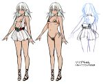  1girl arms_at_sides bikini black_bikini blue_eyes bracelet breasts character_name closed_mouth concept_art dark_skin dress fang fang_out horns jewelry lilia_(usagi_nagomu) looking_at_viewer multiple_views oni oni_horns original pointy_ears sandals sash see-through_dress short_dress simple_background small_breasts smile swimsuit translation_request usagi_nagomu white_background white_dress white_hair 