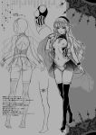  1girl bare_back breasts concept_art crossed_legs elf fritillaria_(usagi_nagomu) greyscale hair_ornament hairband highres jewelry long_hair looking_at_viewer monochrome multiple_views navel necklace nipples open_clothes open_skirt original pointy_ears scan skirt small_breasts smile solo standing thighhighs translation_request usagi_nagomu watson_cross 