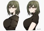  1girl bangs black_shirt black_sweater breasts closed_mouth earrings from_side green_hair hair_between_eyes highres jewelry large_breasts medium_hair menoo_(meno1921) off_shoulder original shirt short_sleeves smile star_(symbol) star_earrings sweater turtleneck white_background yellow_eyes 