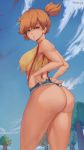  1girl ass blue_shorts blue_sky breasts covered_nipples day from_behind green_eyes gym_leader highres kasumi_(pokemon) looking_at_viewer looking_back medium_breasts no_bra orange_hair outdoors parted_lips pokemon pokemon_(anime) pokemon_(classic_anime) see-through shexyo shiny shiny_hair shirt short_hair short_shorts shorts side_ponytail sky sleeveless sleeveless_shirt solo standing yellow_shirt 